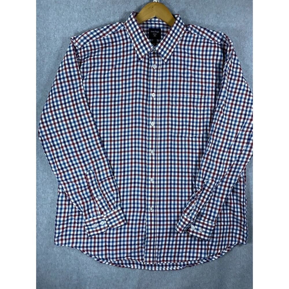 James Pringle Shirt‎ Men's XL Burgundy Blue Plaid Long Sleeve Casual Button-Up